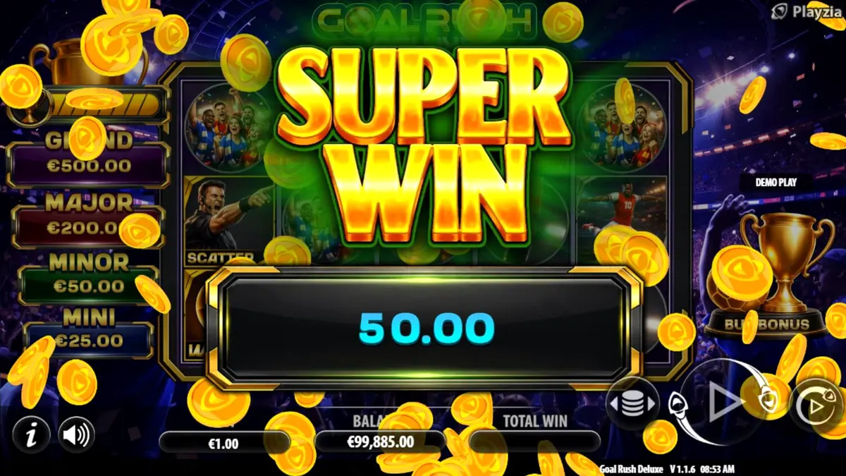 Goal Rush Deluxe Hold and Win slot game interface showing football stadium theme