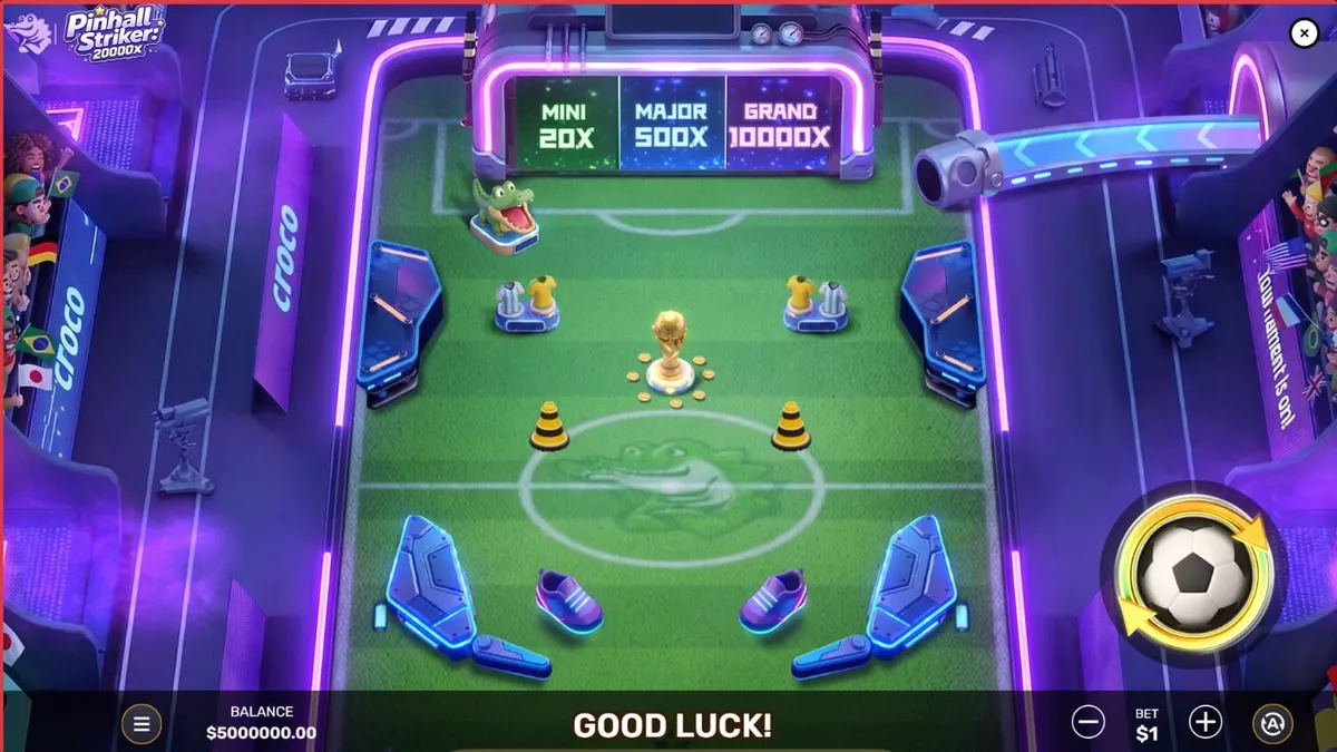 Pinball Striker 20,000x স্লট গেমের নিয়ন স্টেডিয়াম এবং পিনবল ইন্টারফেস